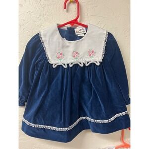 Vintage Baby Toys Navy Blue‎ Velvet Dress Floral Lace Bib Collar 12-18 Months